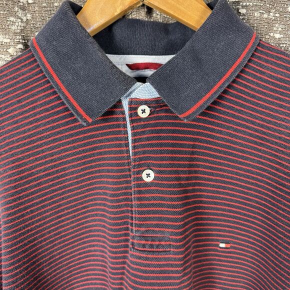 Tommy Hilfiger Polo Shirt Men's L Blue and Red Striped Casual Short Sleeve - Picture 6 of 12